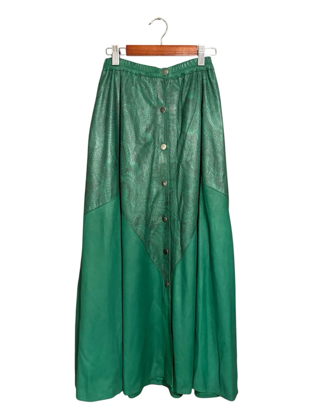 CLAUDE RICHARD PARIS Vintage 80s Green Leather Button-Front Maxi Skirt